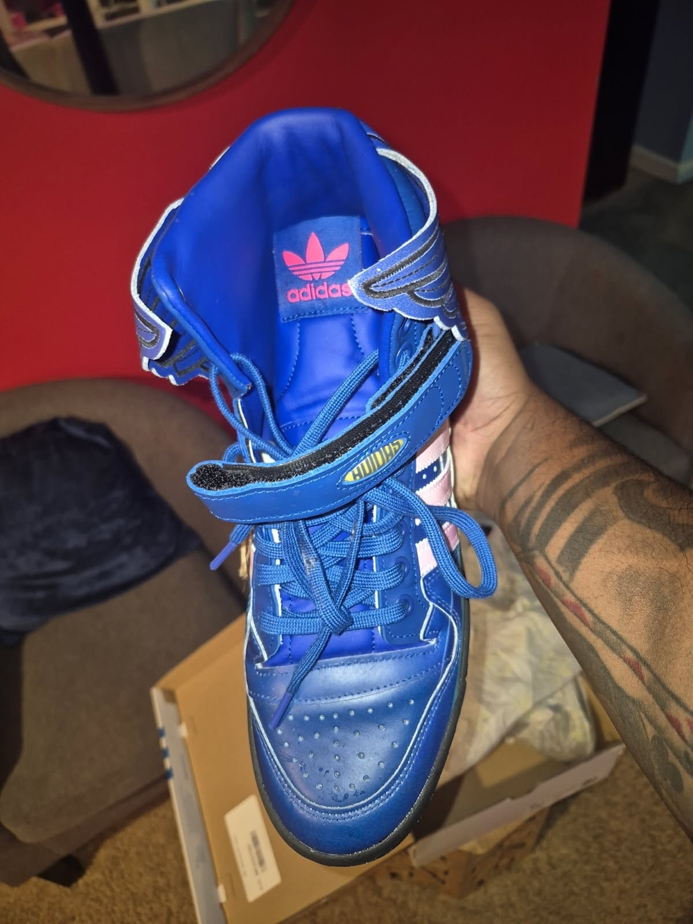 adidas Kids Bright Blue High-Top Sneakers with Pink Logo